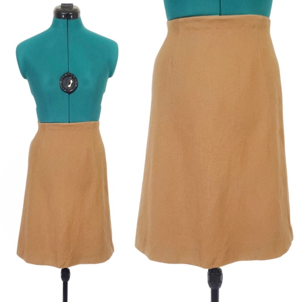 1960s Tan A Line Skirt Vintage Midi Pencil Small Knee Length